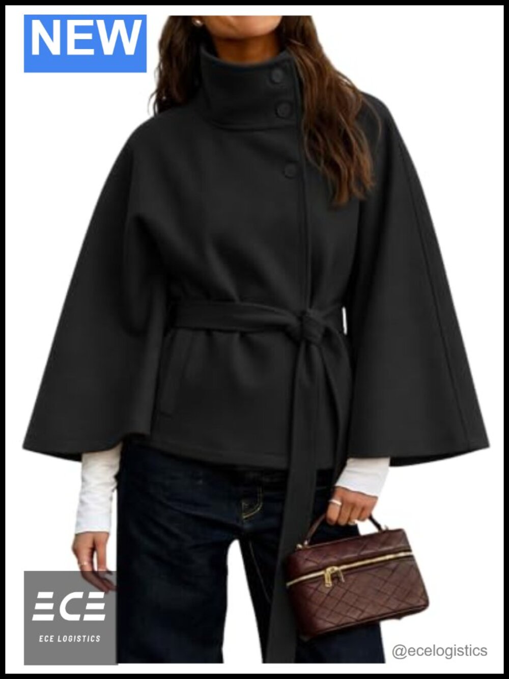 Wool Blend Batwing Sleeve Belted Poncho Pea Coat